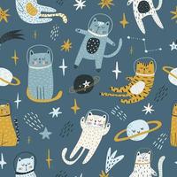 Seamless childish pattern with cat astronauts in space. Trendy colorful Scandinavian style. Creative scandinavian baby texture for fabric, wrapping, textile, wallpaper, clothes. Vector illustration