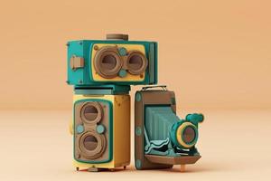 Colorful vintage camera surrounding by memphis pattern on a pastel background. 3d render. photo