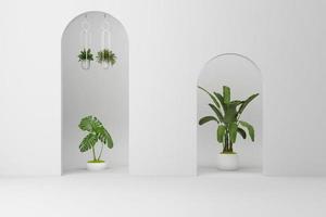 Arco blanco minimalista con muchas plantas decoradas. representación 3d foto