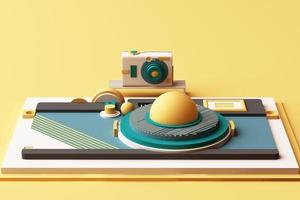 Design with composition the camera of geometric memphis style shapes in pastel tone. 3d rendering illustration photo