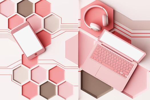 Laptop,smartphone and headphone with technology concept abstract composition of geometric shapes platforms in pastel color. 3d rendering photo