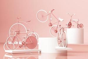 Many bicycle on platform with yellow background. Retro bike. 3d rendering photo