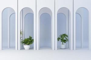 Minimalistic,white arch with many plant decorate. 3d rendering