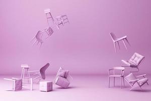 A lot of chairs furniture interior on a pastel background. -3d render photo