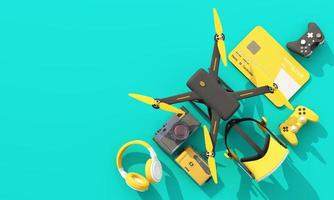 online shopping concept about electronics and gadgets in modern promotion period of new models consist of phone, vr, headphone, with drone and credit card on green background. realistic 3d rendering photo