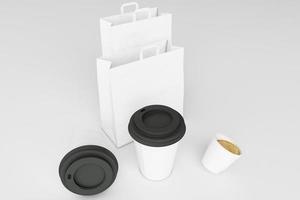 Set of black coffee cups and bag on pastel background. 3d rendering photo