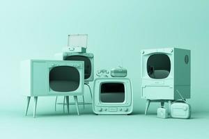 Old televisions and vintage radio player on a pastel background. 3D rendering photo