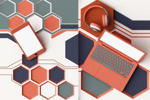 Laptop,smartphone and headphone with technology concept abstract composition of geometric shapes platforms in pastel color. 3d rendering photo