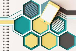 smartphone con concepto de tecnología, composición abstracta de plataformas de formas geométricas en color naranja y pastel. representación 3d foto