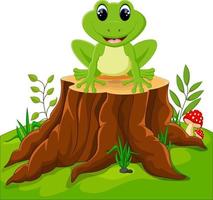 Cartoon funny frog sitting on tree stump vector