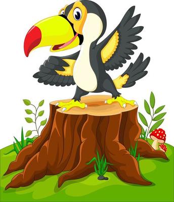 Cartoon happy toucan on tree stump