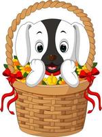 cute dog in a basket with red ribbon vector