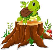 Cartoon turtle and frog posing on tree stump vector