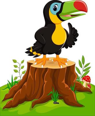 Cartoon happy toucan on tree stump
