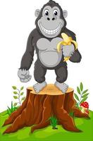 dibujos animados de gorila de pie sobre un tocón de árbol vector