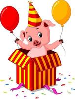 pig cartoon coming out of gift box vector