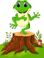 Cartoon funny frog sitting on tree stump vector