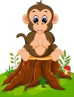 Cartoon happy monkey sitting on tree stump vector