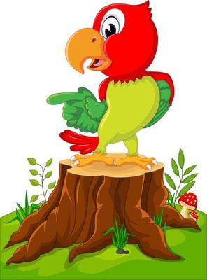 Cartoon cute parrot on tree stump