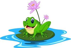 funny Green frog cartoon sitting on a leaf