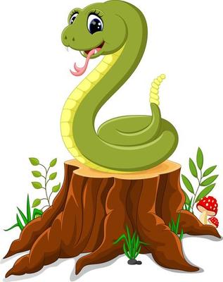 Cartoon funny snake on tree stump