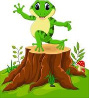 Cartoon funny frog sitting on tree stump vector