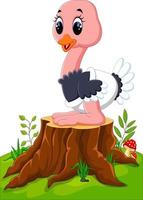 Cartoon happy ostrich sitting on tree stump vector