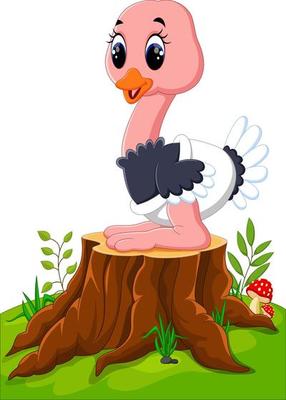 Cartoon happy ostrich sitting on tree stump