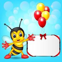 illustration of cute bee cartoon with balloon vector