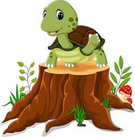 caricatura, tortuga, posar, en, tocón de árbol vector