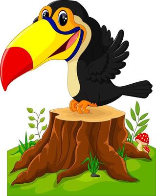Cartoon happy toucan on tree stump
