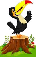 Cartoon happy toucan on tree stump vector