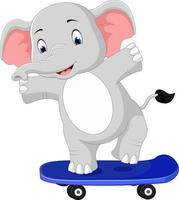 lindo, elefante, patineta, caricatura vector