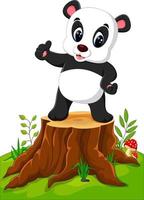 panda de dibujos animados posando en tocón de árbol vector