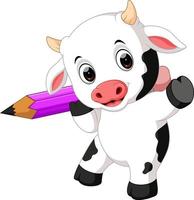 Cute baby cow holding pencil vector