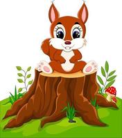 Cartoon cute baby squirrel on tree stump vector