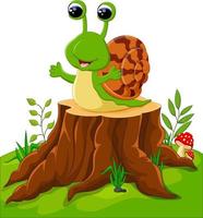 Cute snail isolated on tree stump vector