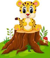 Cute baby cheetah sitting on tree stump vector