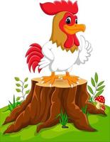 gallo de pollo de dibujos animados en tocón de árbol vector
