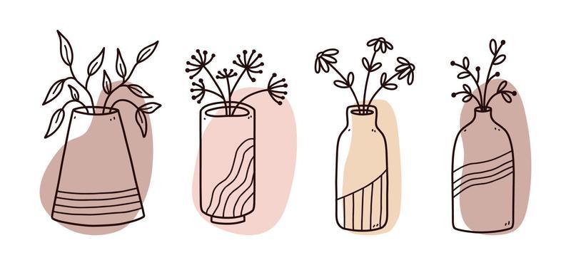 Set of abstract floral doodles with color organic shapes. Minimalist vases with flowers isolated on white background. Vector hand-drawn illustration. Perfect for cards, decorations, logo, posters.
