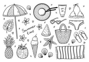 Beach summer set - swimsuit, hat, bag, towel, sunscreen, sunglasses, flip flops, beach umbrella, fruit and ice cream. Vector hand-drawn illustration in doodle style. Perfect for cards, decorations.