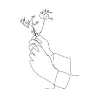 continuous line drawing of hands holding flowers. Hand drawn style design for relationship and love concept. vector