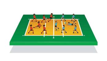 Isometric illustration for people attack volleyball ball on 3d volleyball field vector