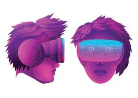 A Man head and A Woman head use VR virtual reality goggle with white background vector