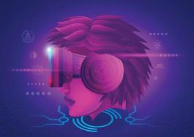 Metaverse Technology concept. A woman head facing to use VR virtual reality goggle and experiences of metaverse virtual world vector