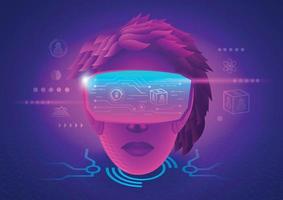 A woman's head use VR virtual reality goggle and experiences of metaverse virtual world.Metaverse Technology concept vector