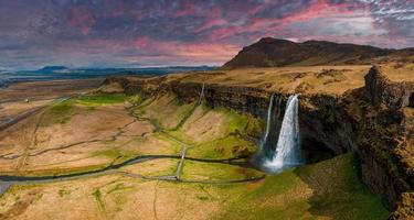 Aerial view of the Seljalandsfoss - located in the South Region in Iceland photo