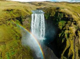 Famous Skogafoss waterfall with a rainbow. Dramatic Scenery of Iceland during sunset. photo