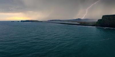 Iceland black sand beach with huge waves at Reynisfjara Vik. photo