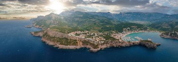 Aerial view of the luxury cliff house hotel on top of the cliff on the island of Mallorca. photo